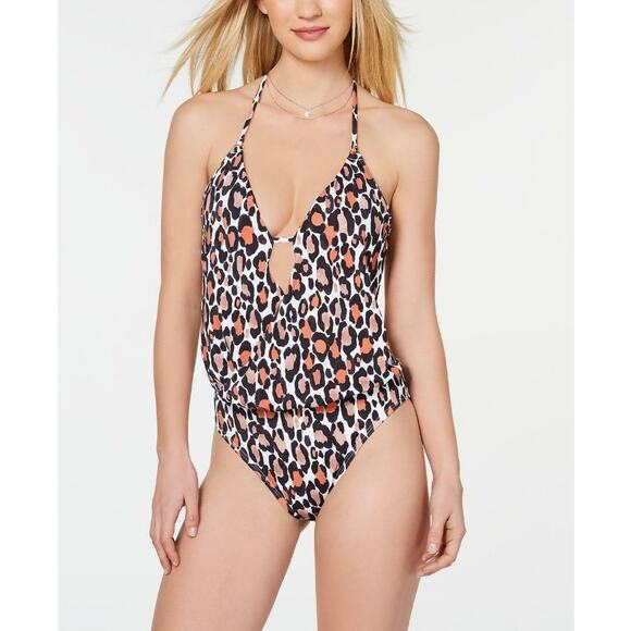 Bar III Run Wild Plunging One Piece Swimsuit Leopard Size M Halter New - Picture 1 of 5
